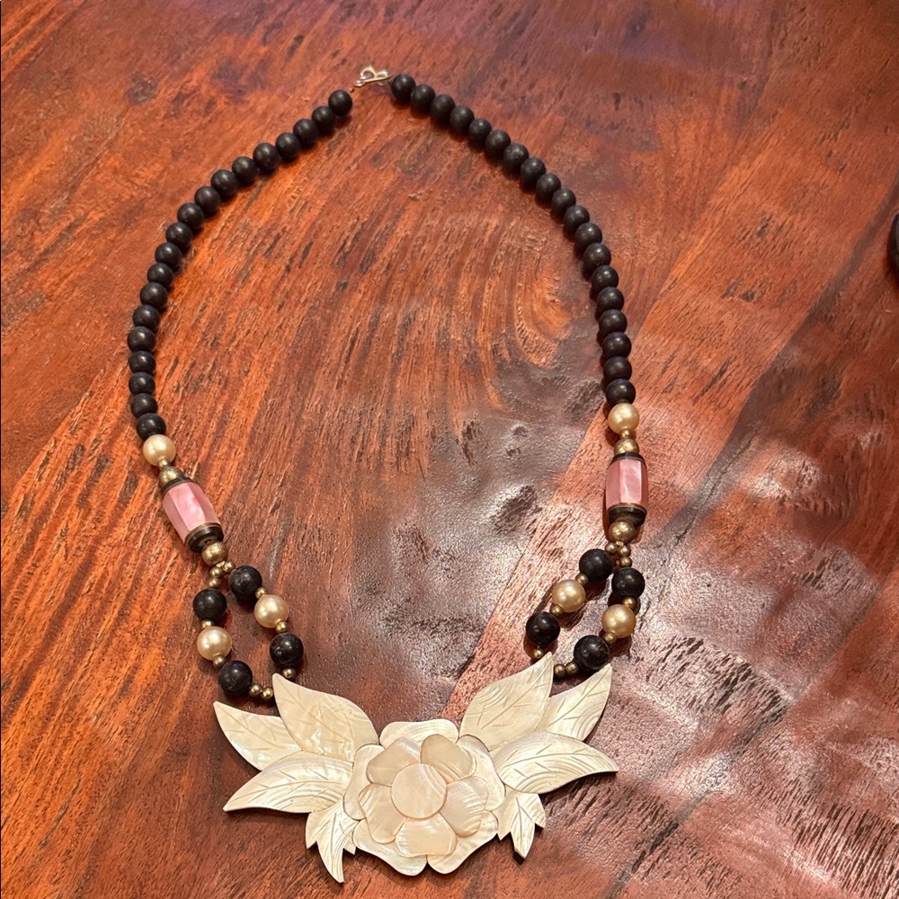 Carved Floral Pendant Beaded and real pearl on flower Necklace .